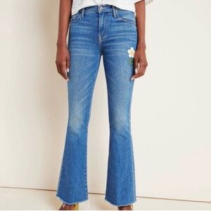 MOTHER The Weekender Fray Jean In Gold Rush Sz 28 Floral Embroidered Boho Flare